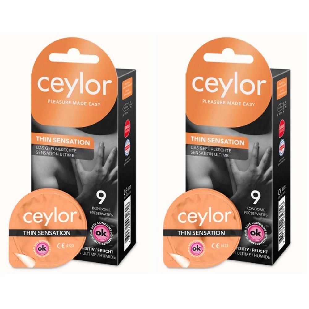 Twee verpakkingen Ceylor Thin Sensation condooms met ronde verpakking. Oranje ophanging, zwarte verpakking met productinfo.