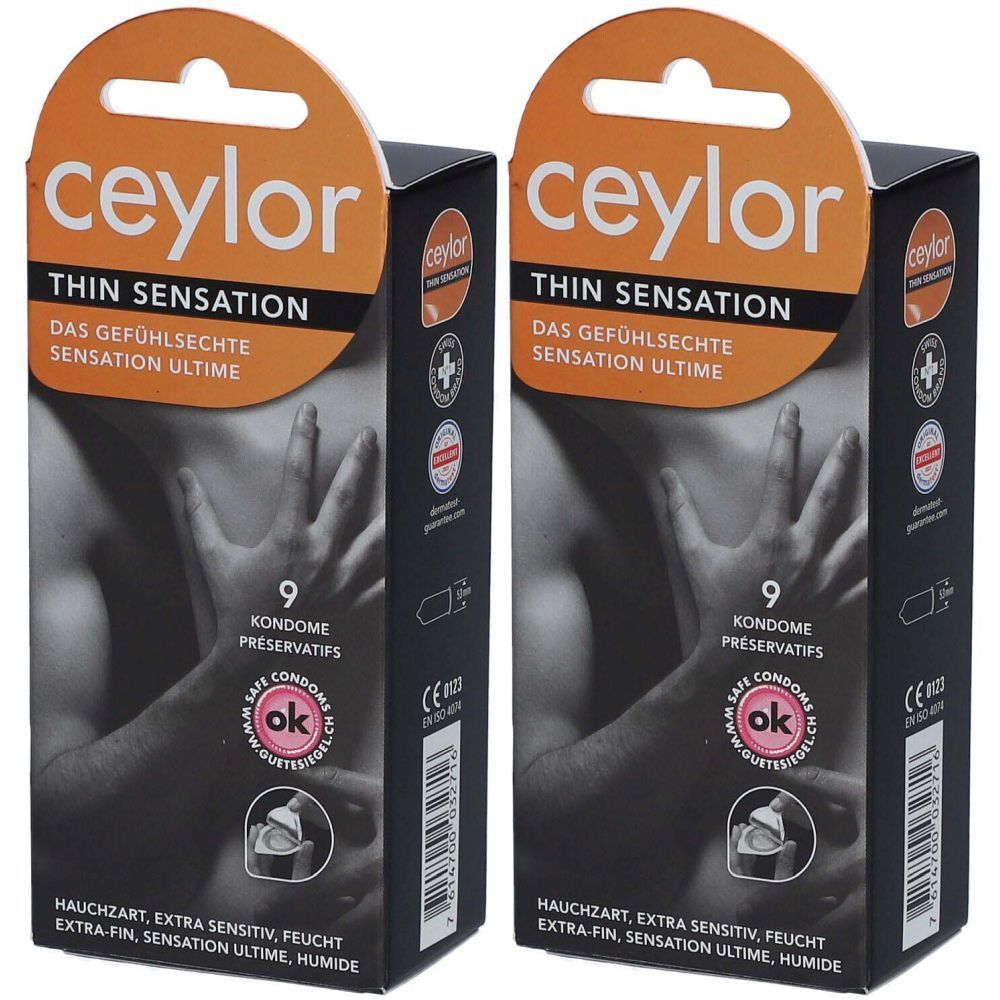 Deux boîtes de préservatifs Ceylor Thin Sensation. Accroche orange, emballage noir avec informations et mains.