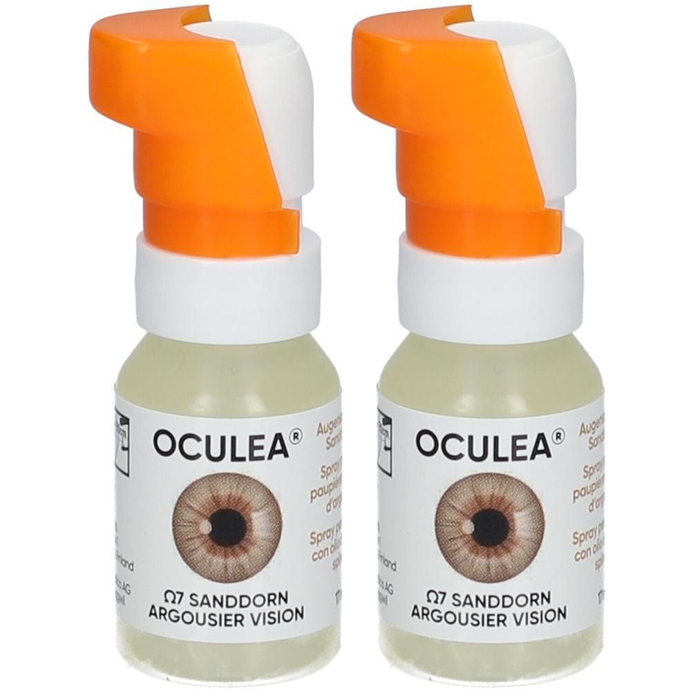 Deux flacons de spray oculaire avec tête de pulvérisation orange. Étiquettes blanches avec nom du produit et représentation de l'œil.