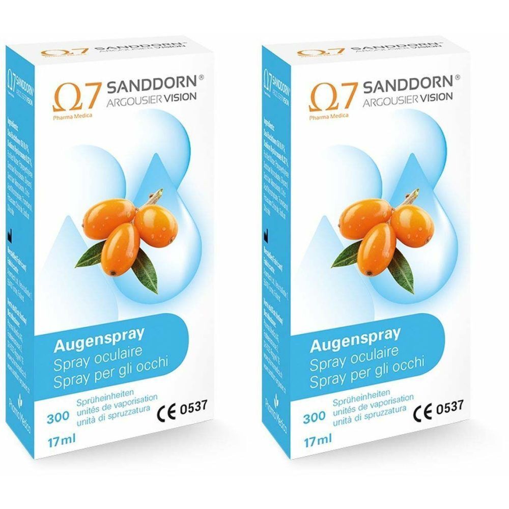 Twee verpakkingen oogspray. Witte dozen met blauwe afbeeldingen en productnaam. CE-markering.
