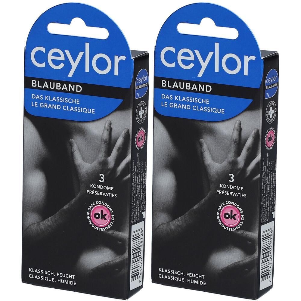 Twee verpakkingen Ceylor Blauband condooms. Blauwe verpakking met productnaam en inhoud. OK-keurmerk.