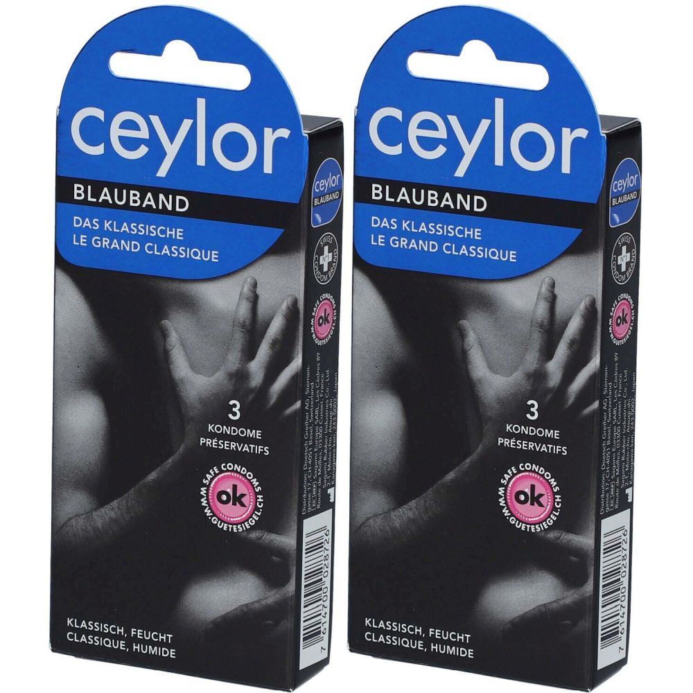 Twee verpakkingen Ceylor Blauband condooms. Blauwe verpakking met productnaam en inhoud. OK-keurmerk.