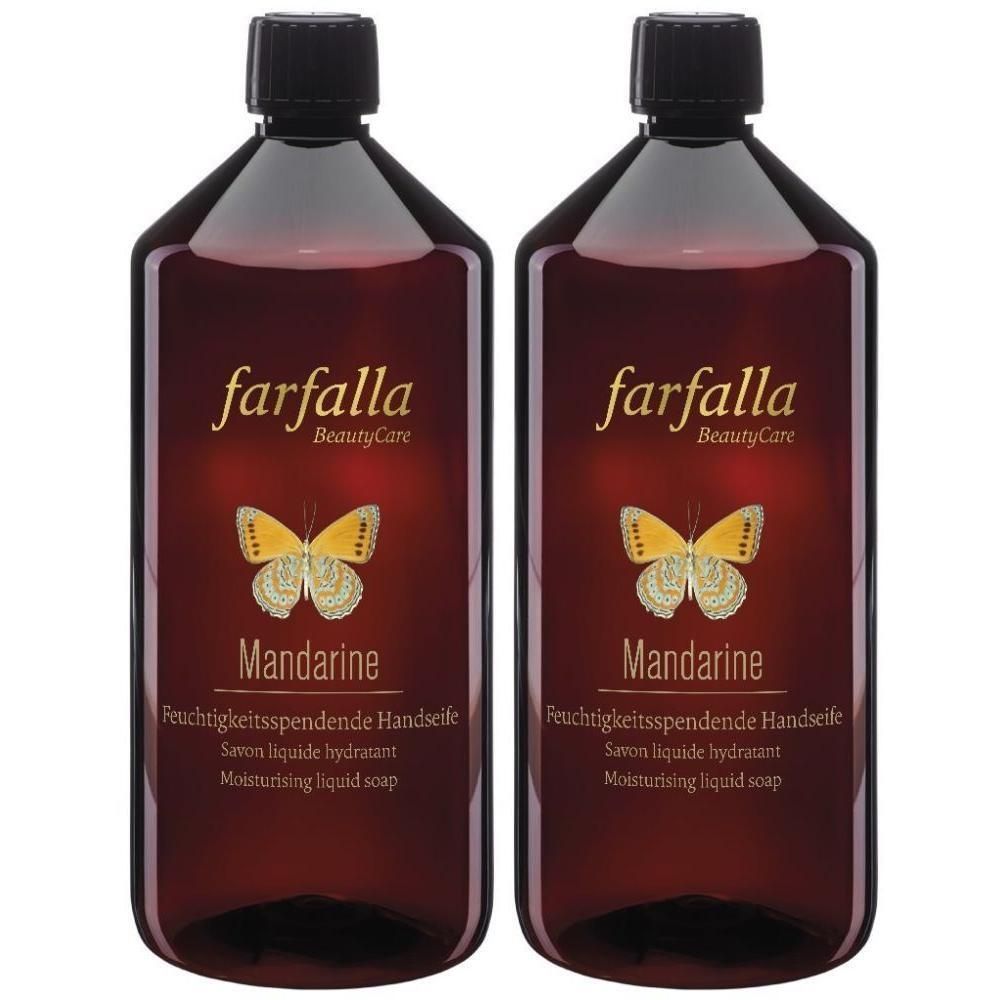 Deux bouteilles brunes de savon liquide FARFALA Mandarine avec motif papillon.