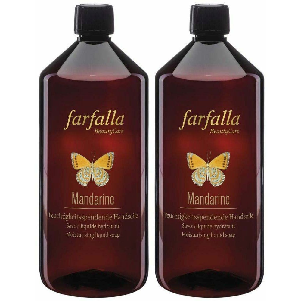 Deux bouteilles brunes de savon liquide FARFALA Mandarine avec motif papillon.