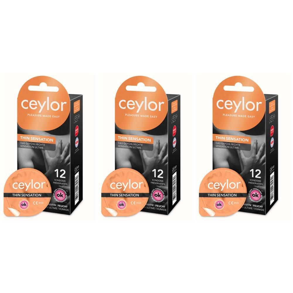 Drie verpakkingen condooms en drie losse condooms. Zwarte dozen met oranje opdruk. Tekst: Ceylor Thin Sensation, 12 condooms.