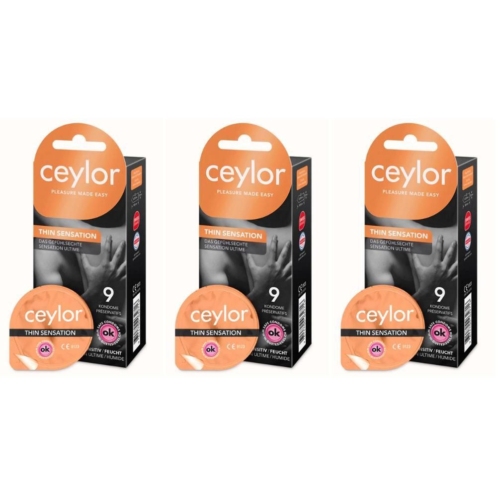 Drie verpakkingen condooms en drie individuele condooms. Oranje tekst: ceylor, Thin Sensation. Zwarte verpakking.