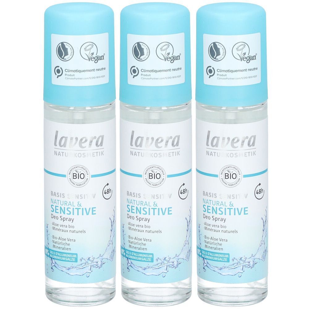 Trois déodorants Lavera. Bouchon bleu, étiquette blanche avec informations et logos. Label Vegan.