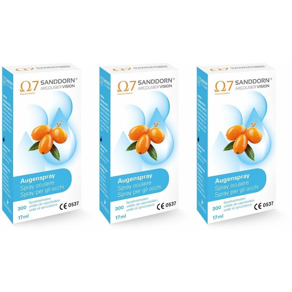Drie dozen OCULEA® oogspray. Blauwe tekst, afbeelding van duindoornbessen. Tekst: Augenspray, 17ml, CE 0537.