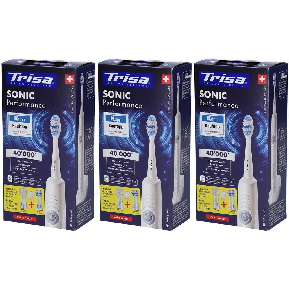 Close-up van de TRISA Sonic Performance tandenborstel in de verpakking. De doos toont de tandenborstel en reserveborstels.