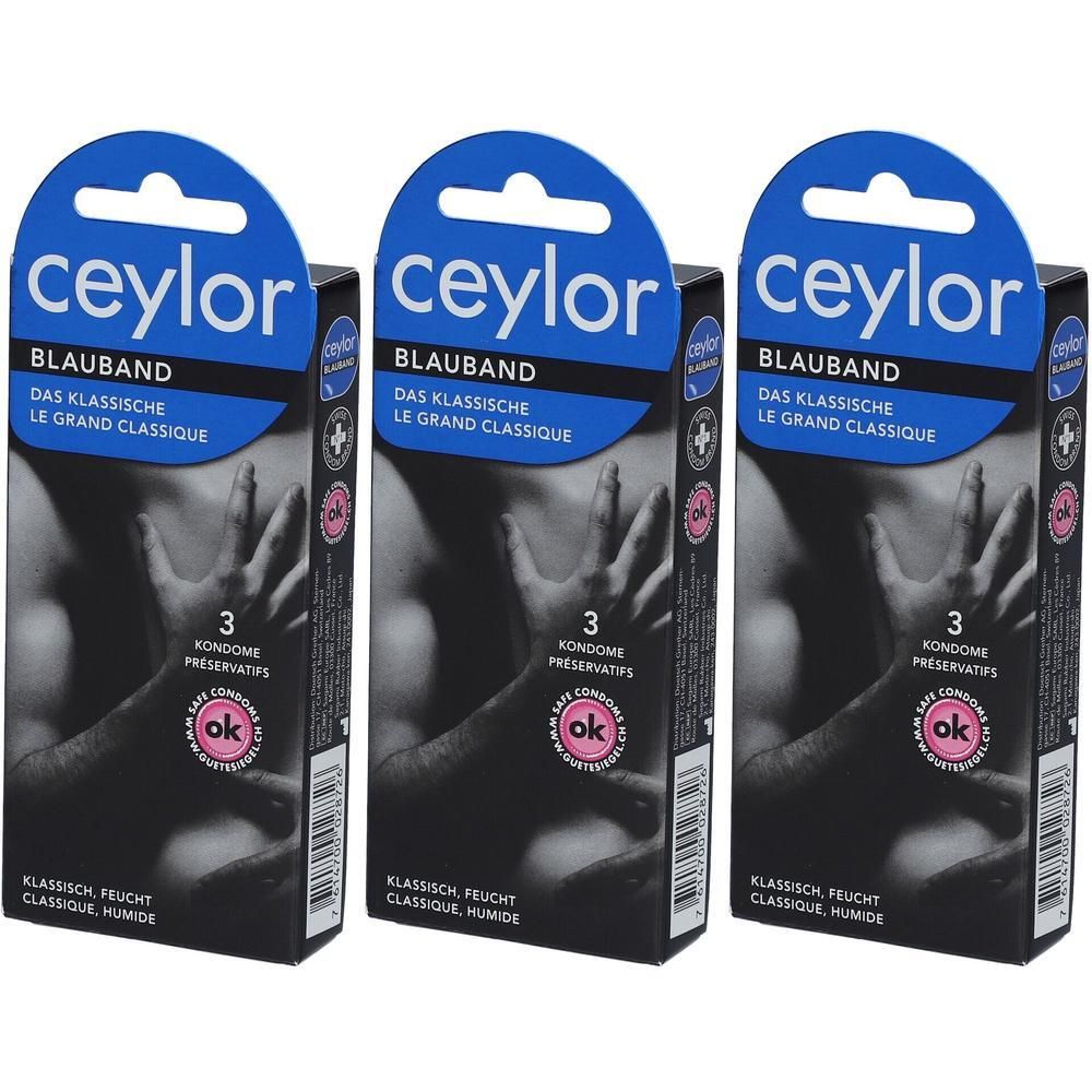 Drie verpakkingen Ceylor Blauband condooms. Zwarte verpakking met blauwe boog. Tekst: Ceylor, Blauband, 3 condooms, klassiek, vochtig.