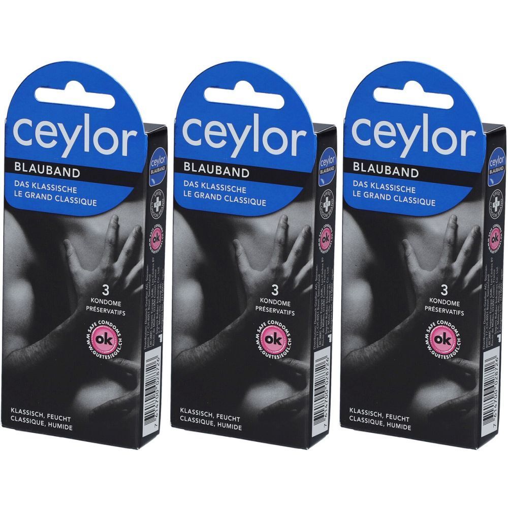 Drie verpakkingen Ceylor Blauband condooms. Zwarte verpakking met blauwe boog. Tekst: Ceylor, Blauband, 3 condooms, klassiek, vochtig.