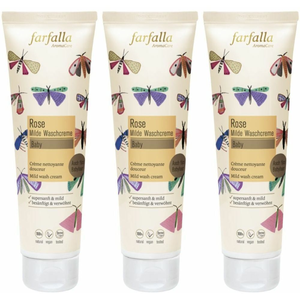 Drie tubes wascrème "farfalla AromaCare Rose Milde Waschcreme Baby". Afbeeldingen van vlinders, logo's, tekst.