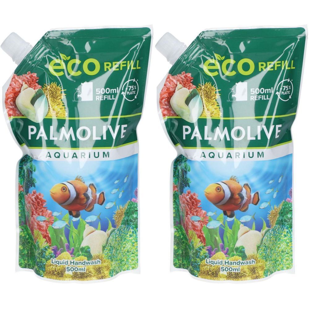 Twee navulverpakkingen Palmolive Aquarium vloeibare zeep. Groene verpakking met vismotief. Bevat 500ml.