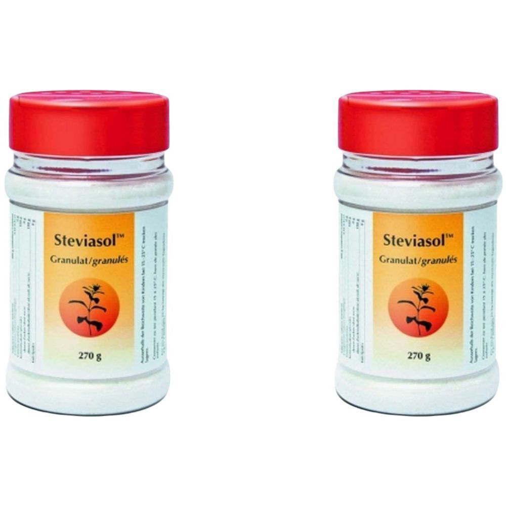 Twee witte potten met rode deksels. Opschrift: Steviasol Granulat/granulés. Oranje logo. 270 g.
