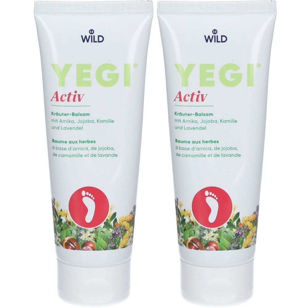 Deux tubes de Baume aux herbes YEGI Activ. Tubes blancs avec texte vert. Cercle rouge avec symbole de pied. Texte: Amica, jojoba, camomille, lavande.