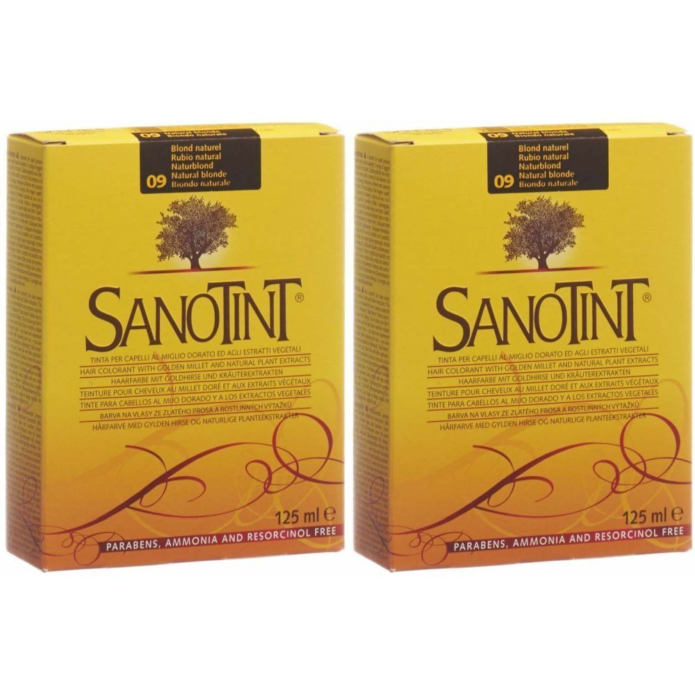 Deux boîtes jaunes SANOTINT. Inscription: Haarfarbe naturblond 09. Contient 125 ml. Sans parabènes, ammoniaque et résorcinol.