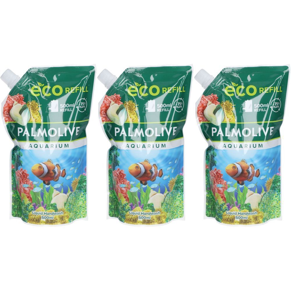 Trois recharges de savon liquide Palmolive Aquarium. Design vert et blanc avec motif poisson clown. "Eco Refill" et "500ml" visibles.