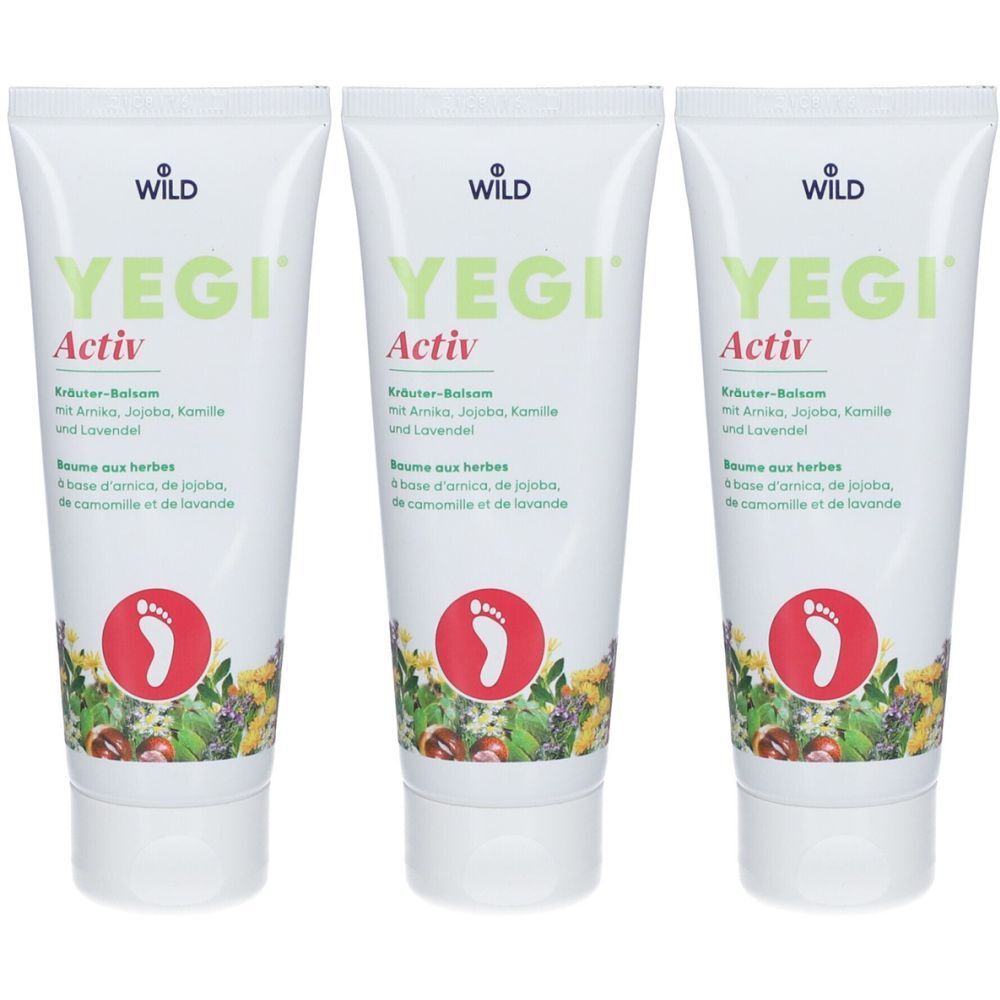 Drie tubes YEGI® Activ kruidenbalsem. Witte tubes met groene tekst en rood voetafdruksymbool. Tekst in het Duits en Frans.