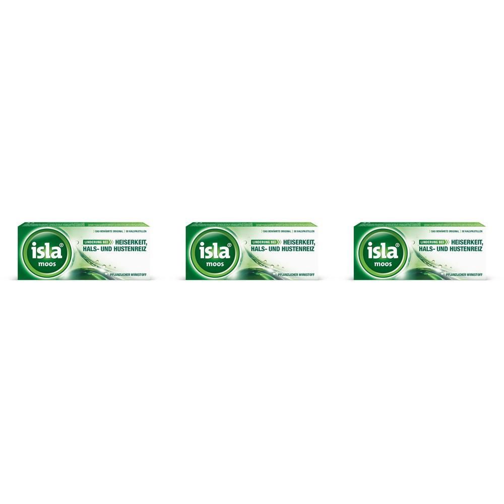 Trois boîtes d'Isla® Moos-Pastillen côte à côte. Emballage vert et blanc avec logo et texte.