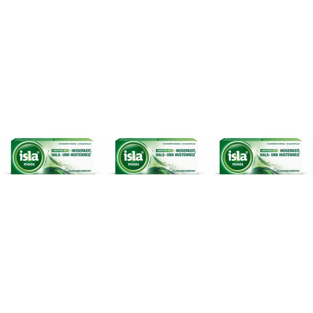 Trois boîtes d'Isla® Moos-Pastillen côte à côte. Emballage vert et blanc avec logo et texte.