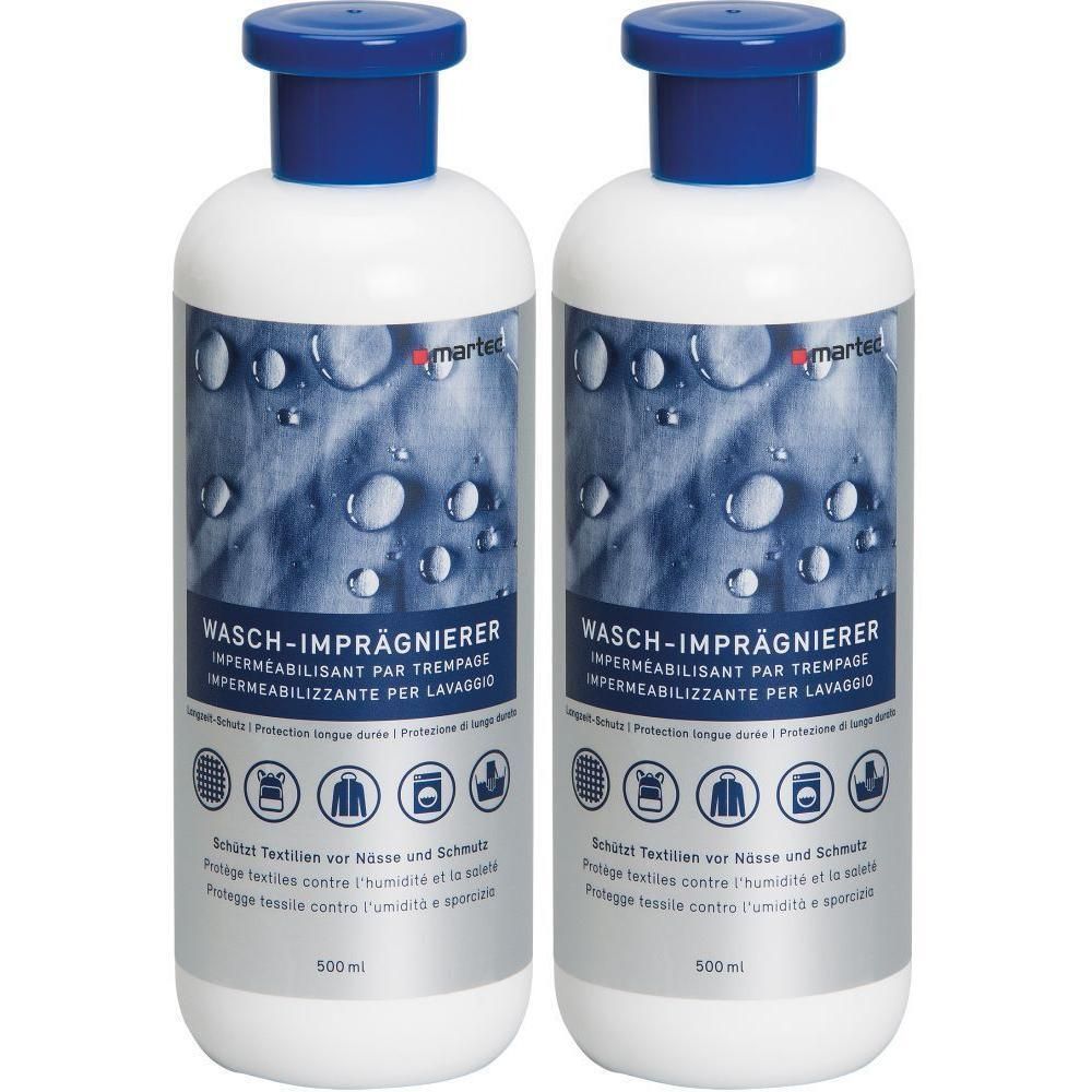 Deux flacons de martec Wasch-Imprägnierer. Flacons blancs avec bouchons bleus. Texte: Wasch-Imprägnierer, 500 ml. Logo: martec.