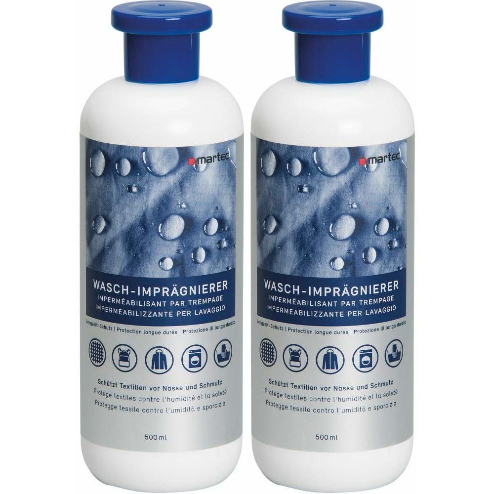 Deux flacons de martec Wasch-Imprägnierer. Flacons blancs avec bouchons bleus. Texte: Wasch-Imprägnierer, 500 ml. Logo: martec.