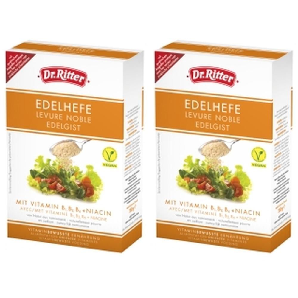 Twee dozen "Edelhefe". Opschriften: "Dr. Ritter", "Levure Noble", "Vegan"-logo en voedingsinformatie.