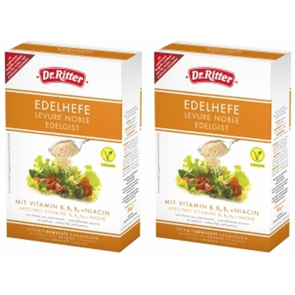 Deux boîtes de "Edelhefe". Inscriptions : "Dr. Ritter", "Levure Noble", logo "Vegan", et informations nutritionnelles.