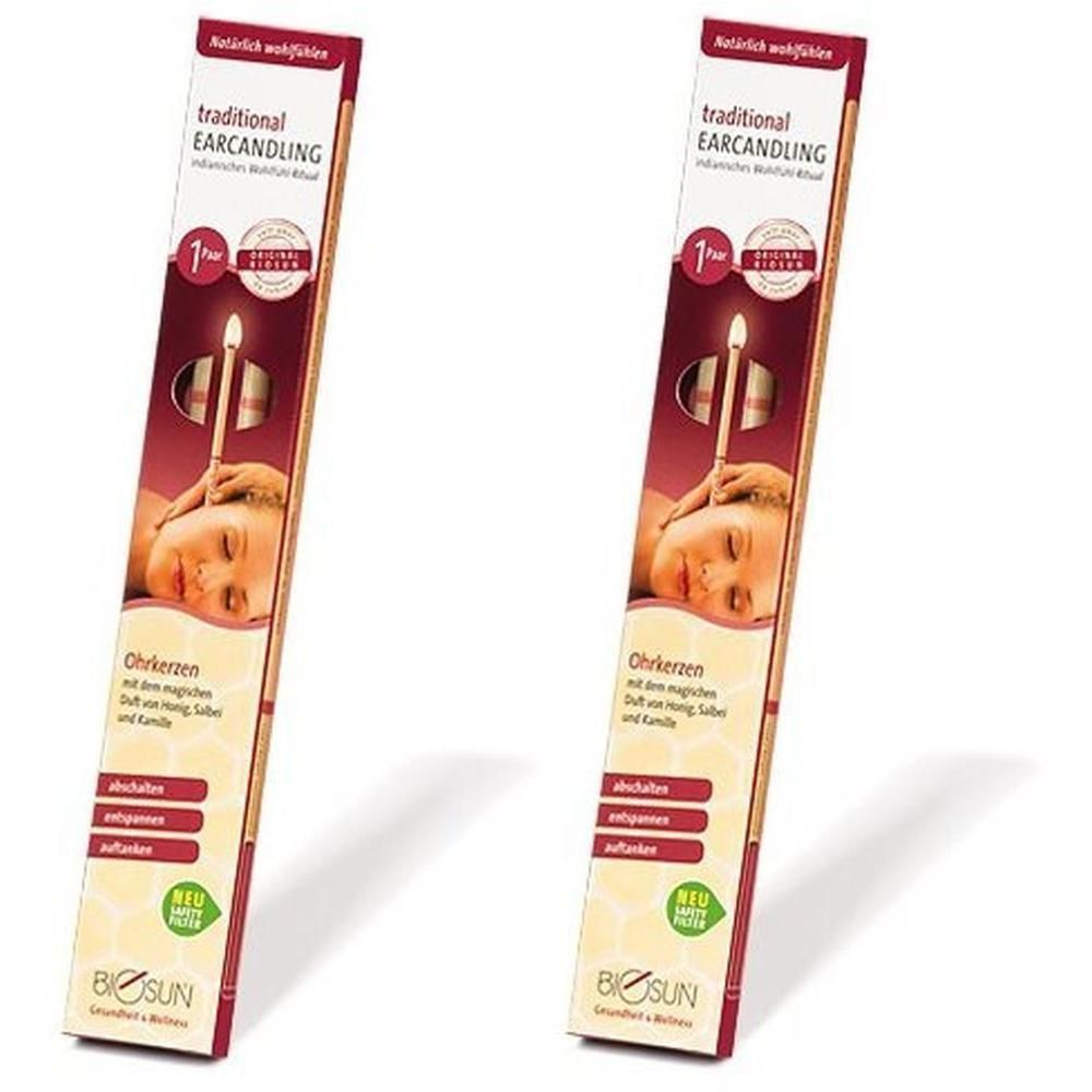 Twee verpakkingen oor-kaarsen. Opschrift: traditional EARCANDLING. Merk: Biosun. Op de verpakking staat een persoon afgebeeld met een kaars in het oor.