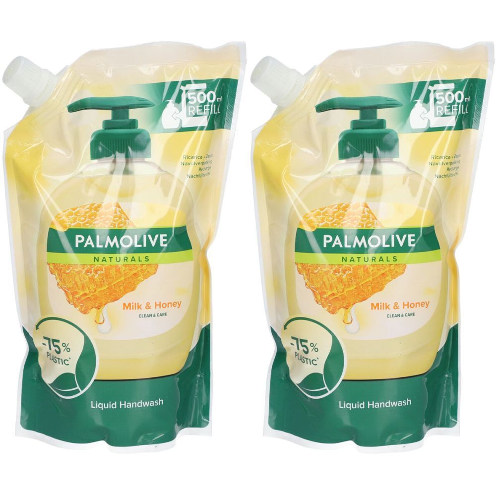 Deux recharges de savon liquide Palmolive Naturals Lait & Miel. Pompes vertes. 75% de plastique recyclé. Contient 500 ml.