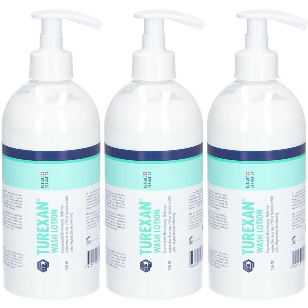 Drie flessen TUREXAN® waslotion met witte dispenser. Blauwe en turquoise strepen op de flessen. Tekst: Waslotion.