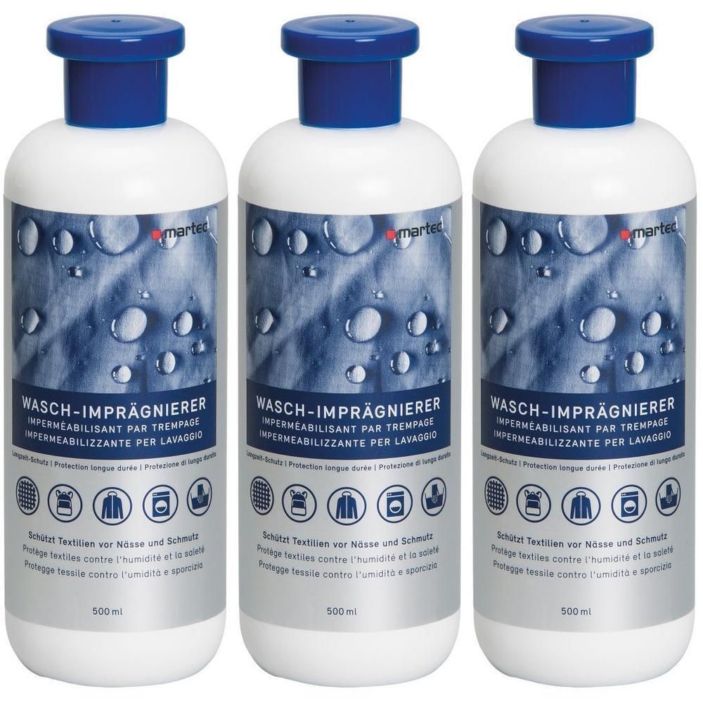 Drie flessen martec Wasch-Imprägnierer. Witte flessen met blauwe dop. Tekst met productinformatie en logo's.