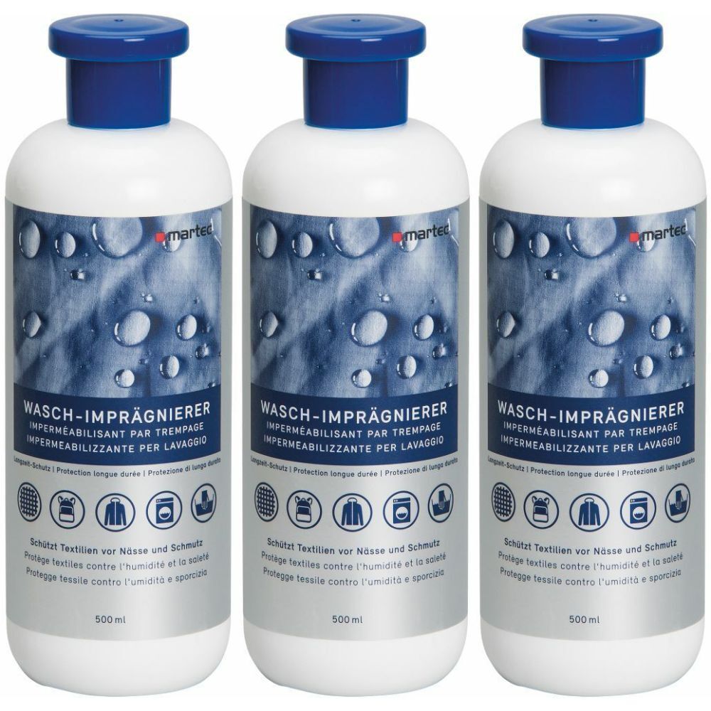 Drie flessen martec Wasch-Imprägnierer. Witte flessen met blauwe dop. Tekst met productinformatie en logo's.
