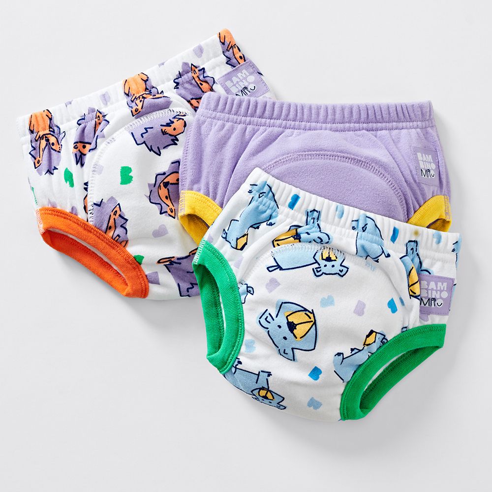 Meerdere wasbare oefenbroekjes. Verschillende kleuren en dierenpatronen. Oranje, groene en gele randen.