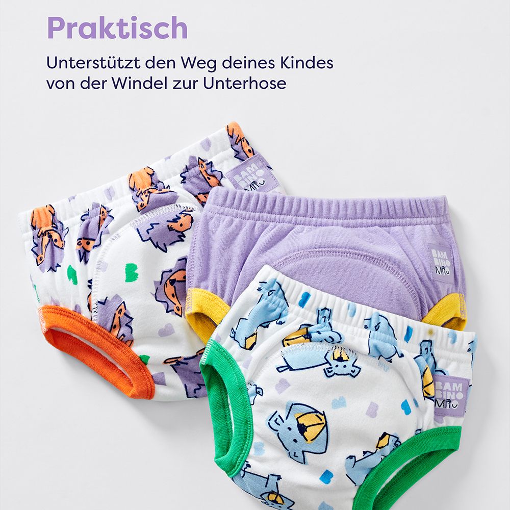 Drie wasbare oefenbroekjes. Tekst: Praktisch. Ondersteunt de overgang van je kind van luier naar onderbroek.