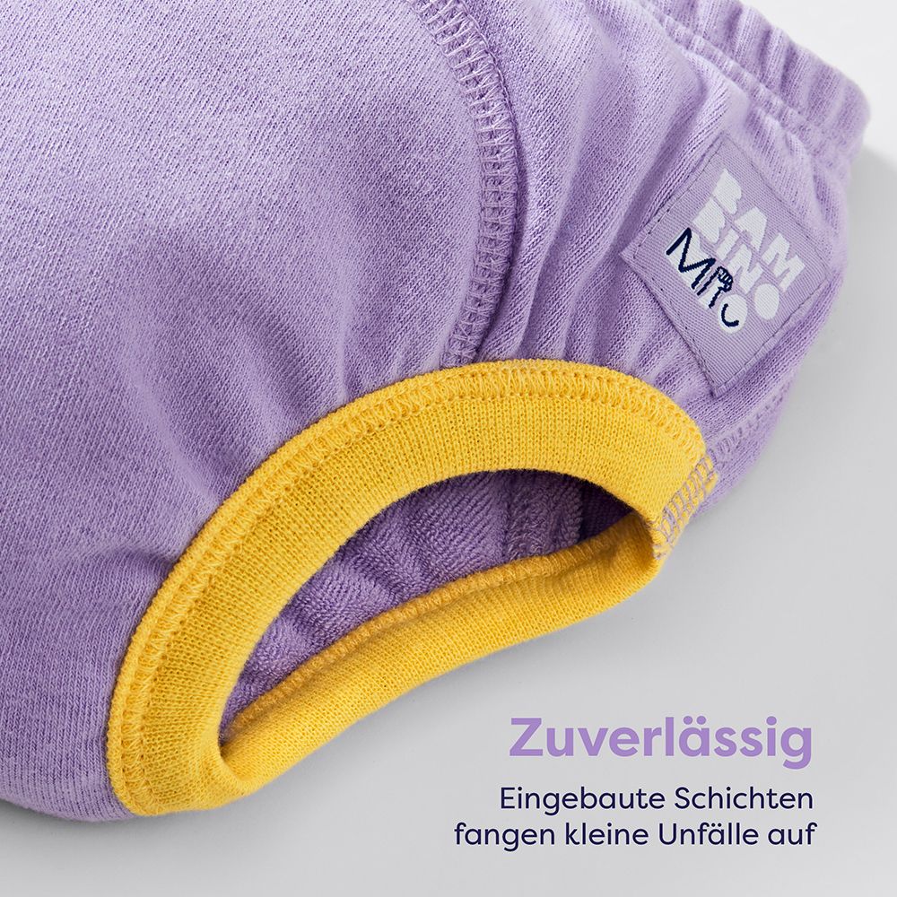 Oefenbroekje, paars met gele rand. Tekst: Betrouwbaar. Ingebouwde lagen vangen kleine ongelukjes op. Logo Bambino Mio.