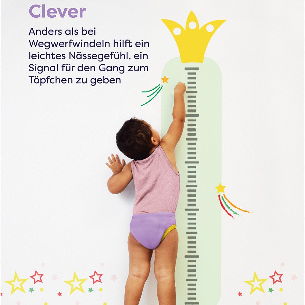 Kind met oefenbroekje bij meetlat. Tekst: Slim. Helpt een nat gevoel te ervaren, signaal voor de pot.