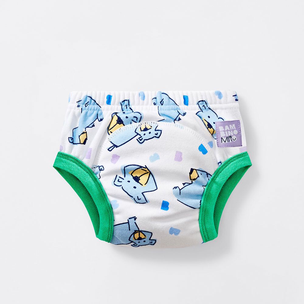 Witte oefenbroek met blauwe dierenprint en groene randen. Merk Bambino Mio.