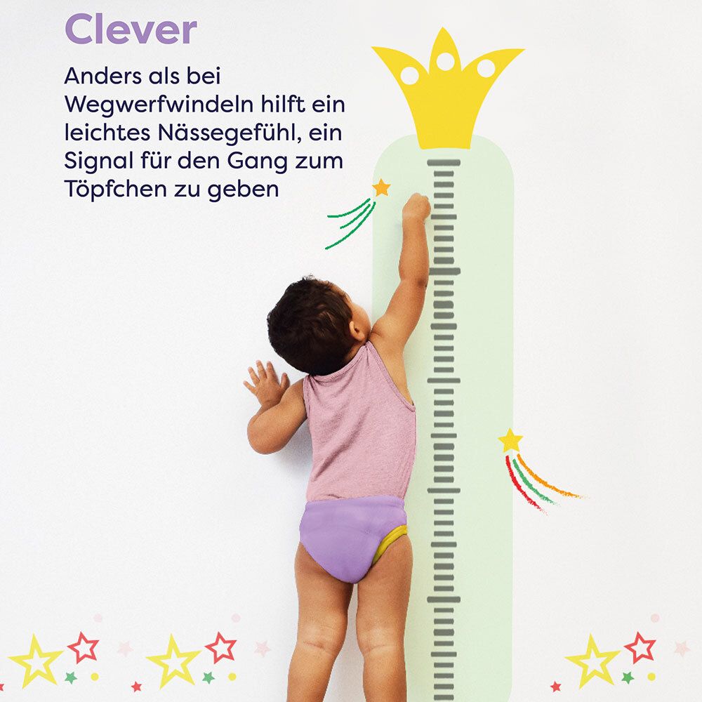 Kind bij een meetlat met oefenbroek. Tekst: Slim. Signaal voor het potje.