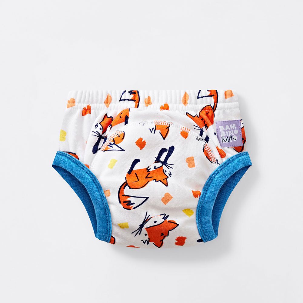 Culotte d'apprentissage lavable avec motif renard, bordure bleue et logo. Pour enfants.