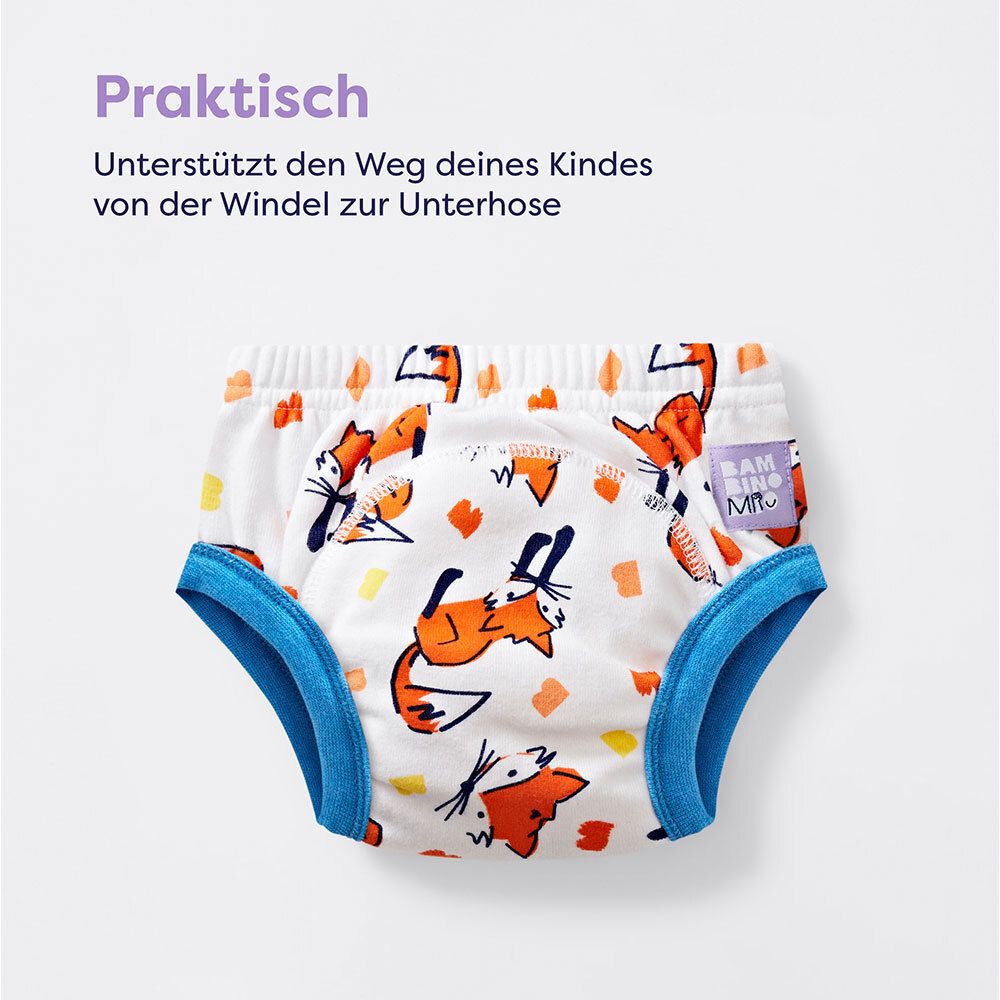 Culotte d'apprentissage avec motif renard. Texte: Pratique. Soutient la transition de la couche au slip.