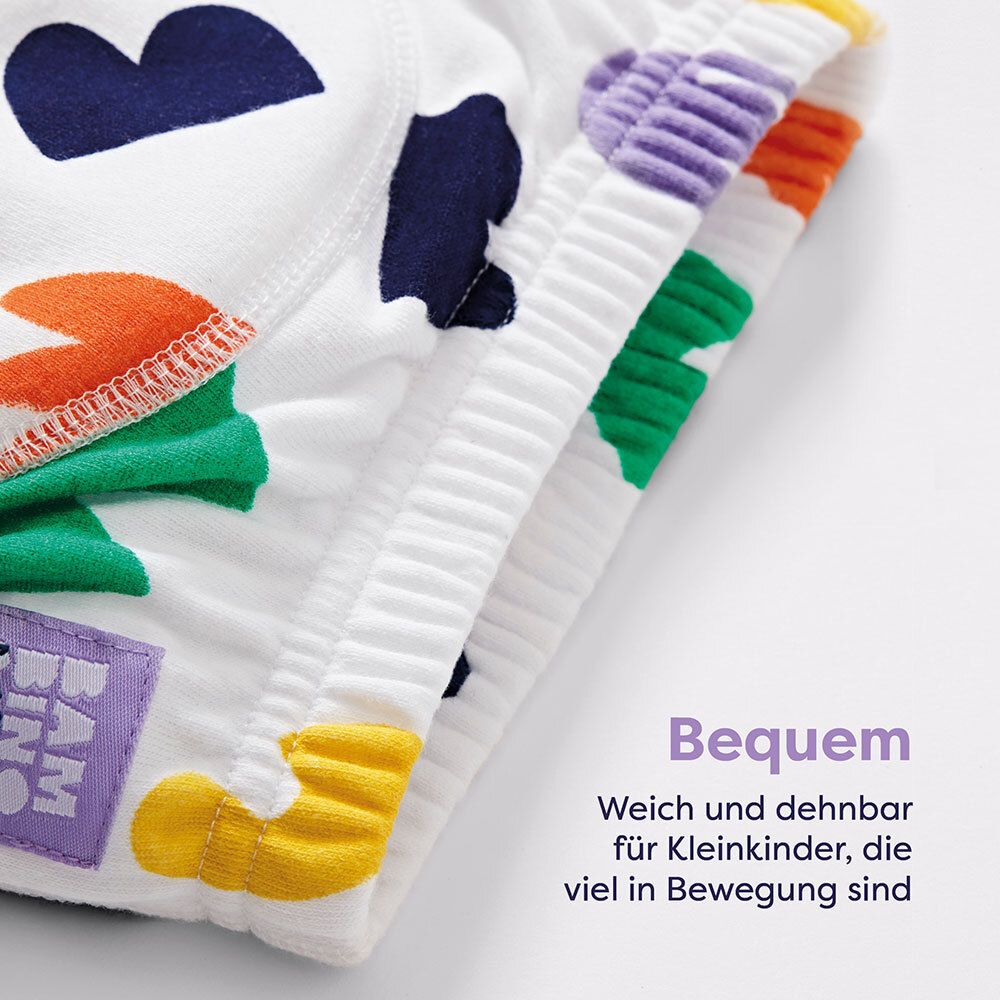 Culotte d'apprentissage avec coeurs colorés. Logo: Bambino Mio. Texte: Confortable. Doux et extensible.