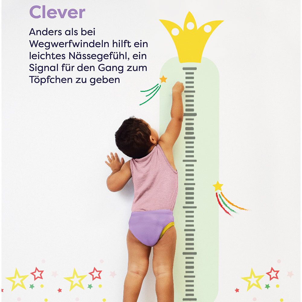 Enfant debout près d'une toise. Culotte d'apprentissage. Texte : Intelligent. Aide à aller aux toilettes.