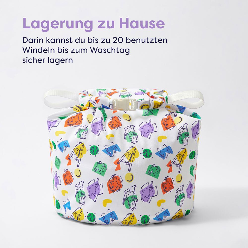 Tas met kleurrijk patroon. Met wit koord en clipsluiting.
