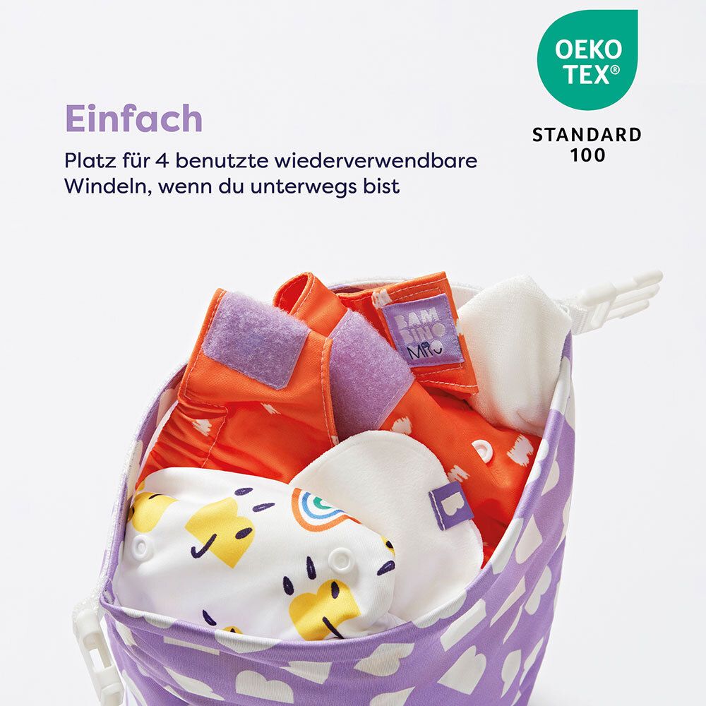 Paarse tas met luiers. Oeko-Tex Standard 100 certificering.