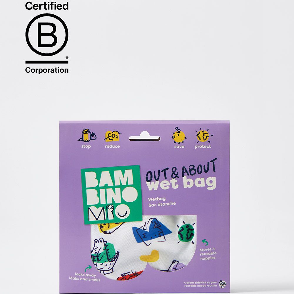 Verpakking met productnaam BAMBINO MIO, Wet Bag. B Corp certificering.