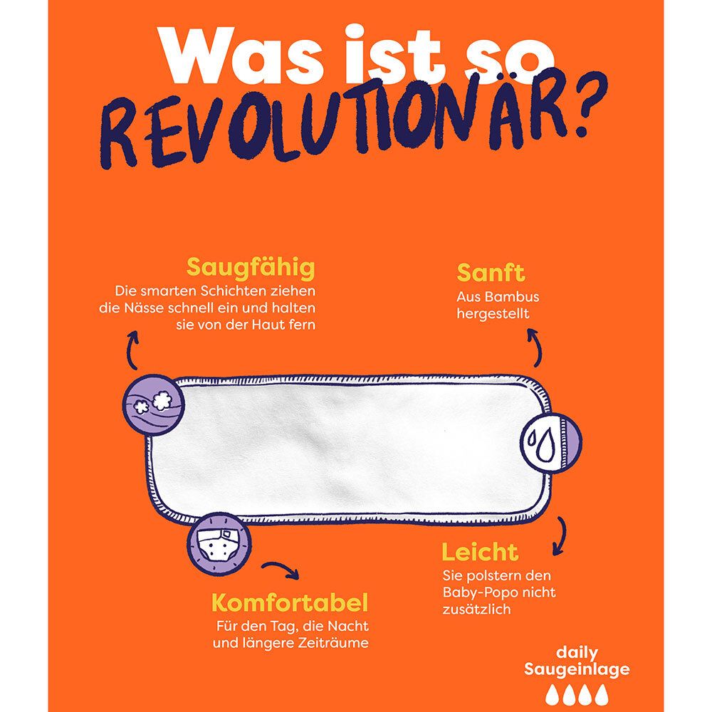 Fond orange avec texte et illustration d'un insert blanc rectangulaire. Texte en allemand.