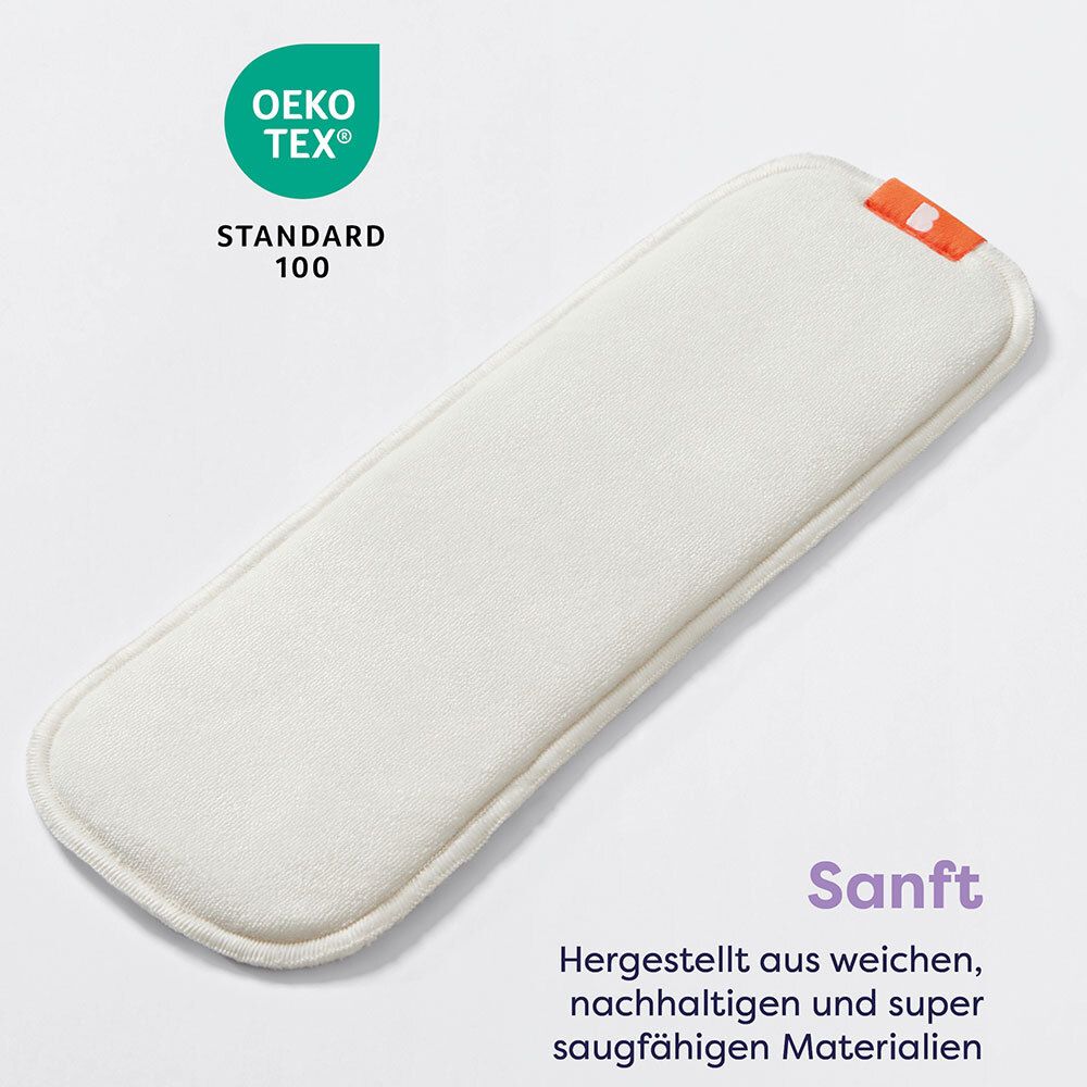 Insert blanc rectangulaire avec certification Oeko-Tex. Texte en allemand : Doux. Sur fond blanc.