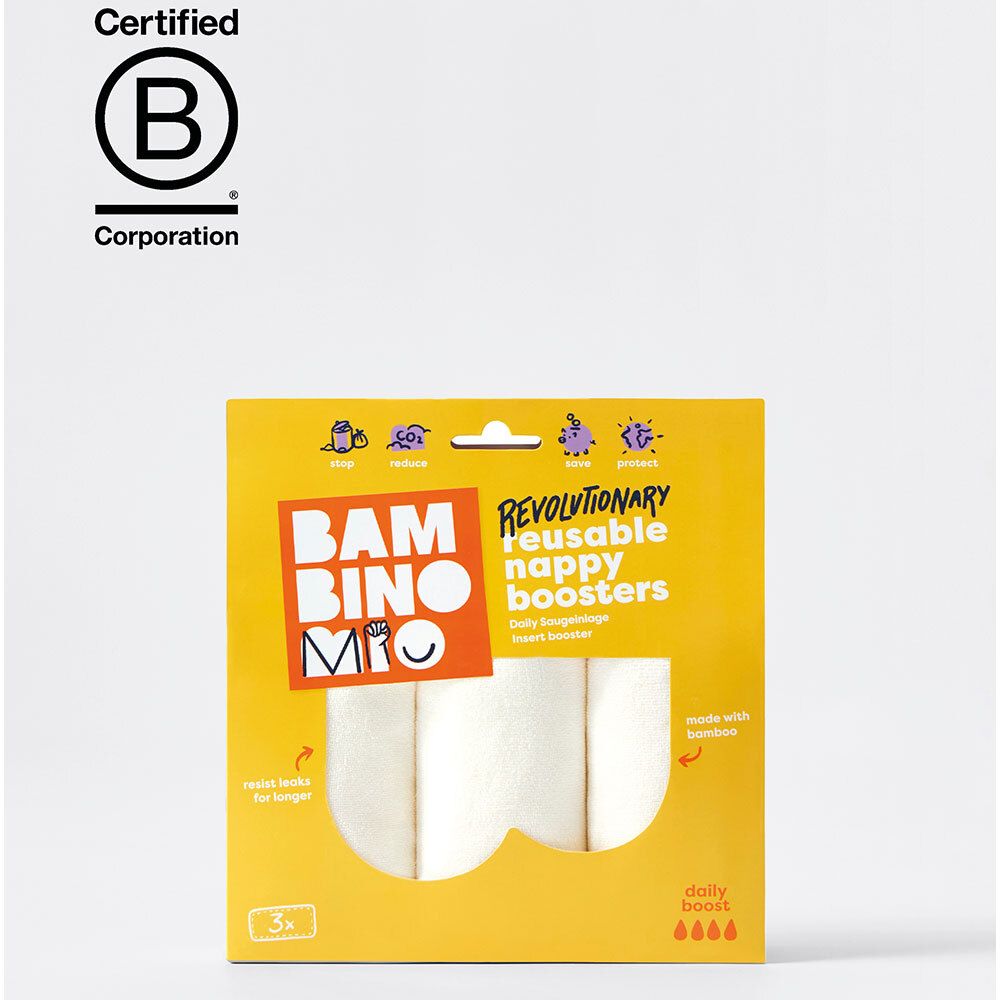 Emballage jaune avec inserts blancs. Texte : BAMBINO MIO, boosters de couches réutilisables révolutionnaires.