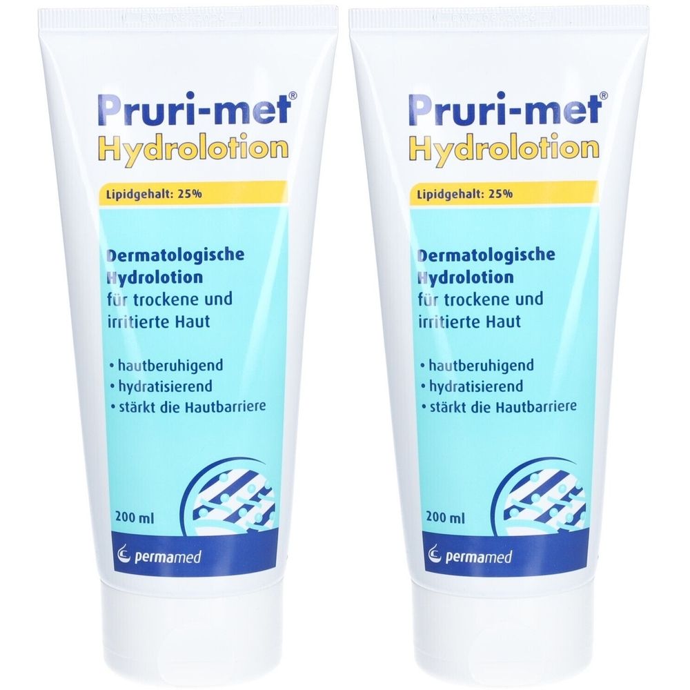 Twee tubes Pruri-met Hydrolotion. Witte tubes met blauwe en gele tekst. Tekst: Dermatologische Hydrolotion voor droge en geïrriteerde huid.